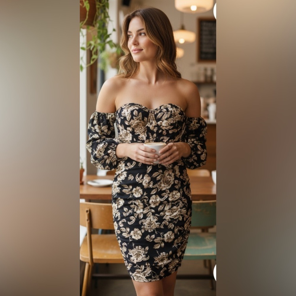 NEW- 1X Black & gold Floral Print 
COLD OFF SHOULDER 
SEXY CORSET DRESS - Picture 2 of 6